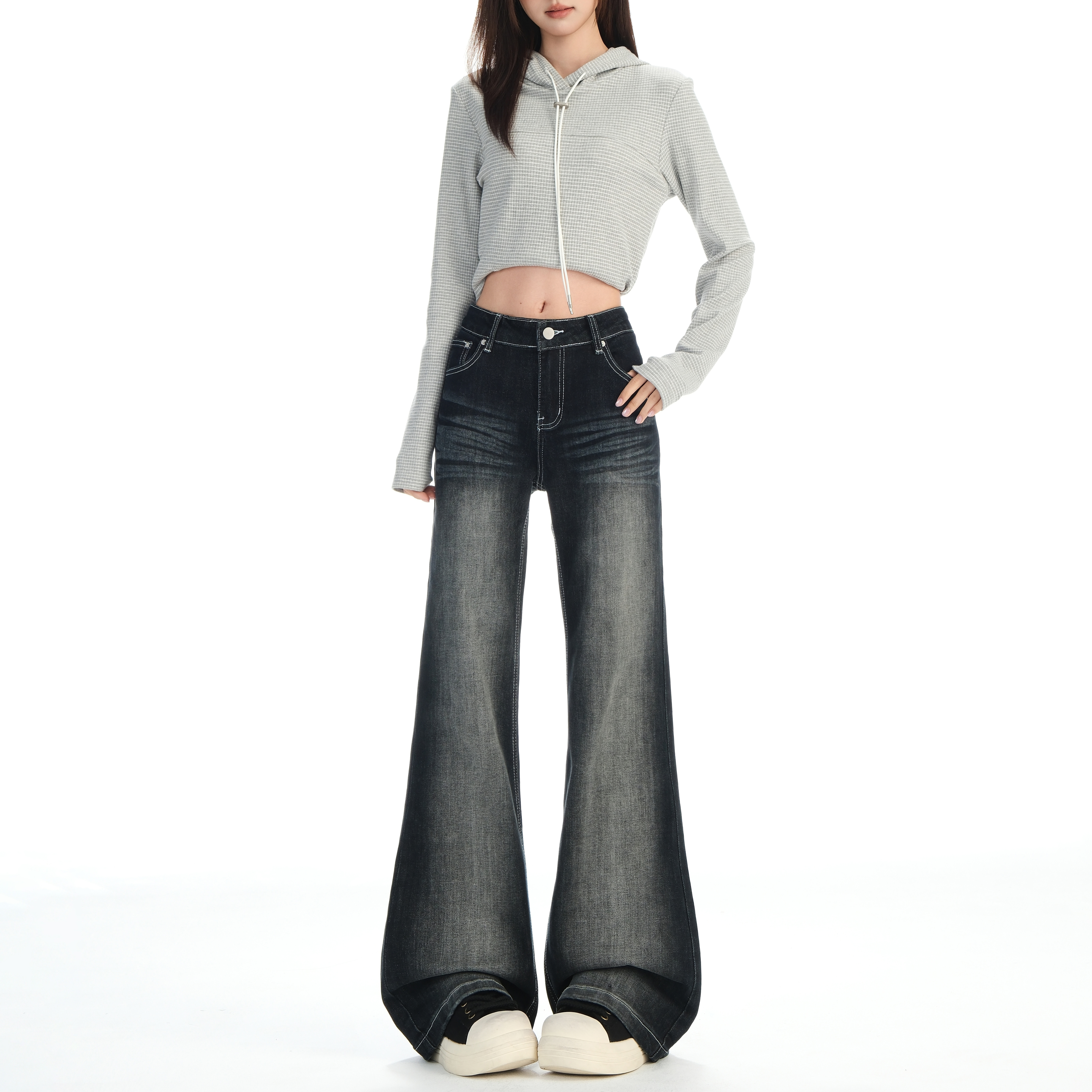 worxurnn/无须美式黑色低腰阔腿裤女 百搭显瘦不贴腿直筒微喇裤