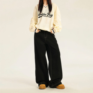 复古洗水反穿设计男女痞帅宽松阔腿牛仔裤 worxurnn 无须美式