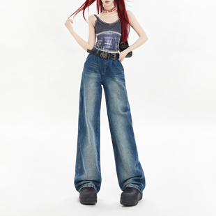 直筒裤 worxurnn 女时尚 复古高级宽松阔腿牛仔裤 无须美式