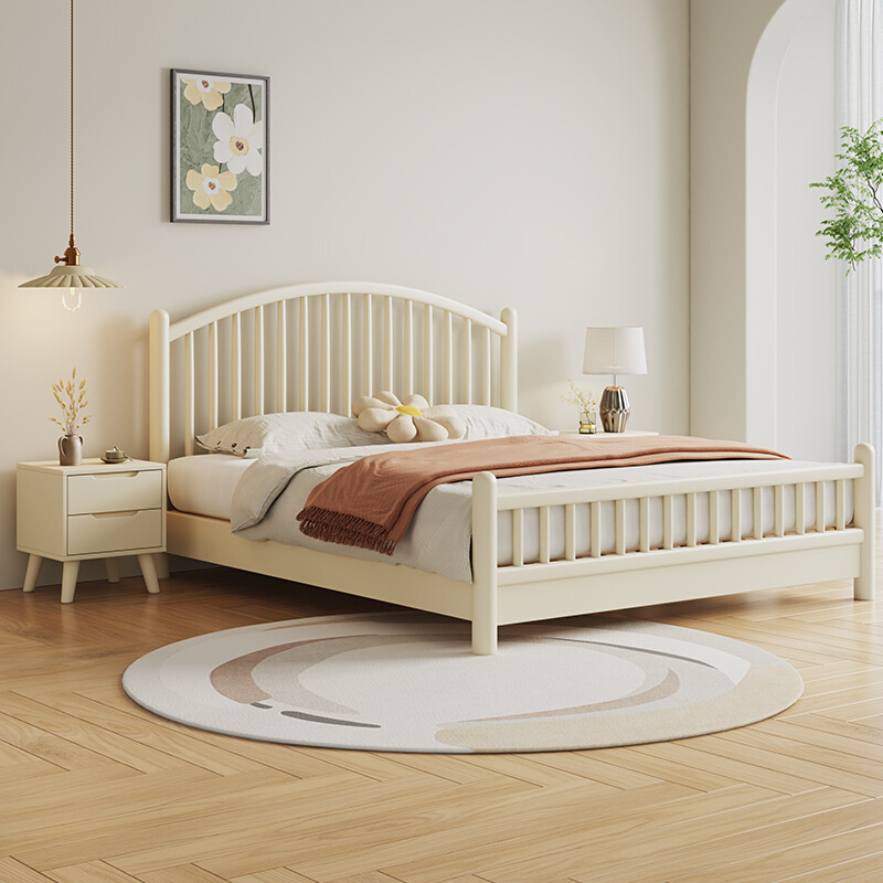 北欧白色全实木床奶油风格1.8米双人床1.5主卧公主竖琴床家用木床