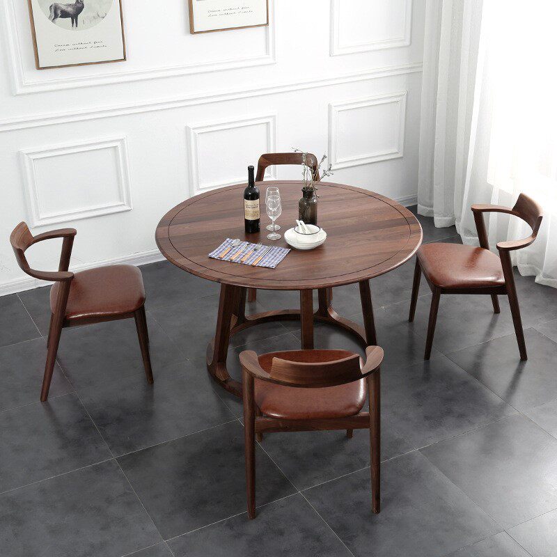北欧黑胡桃木圆桌简约现代实木四人饭桌日式家用小户型餐桌椅组合