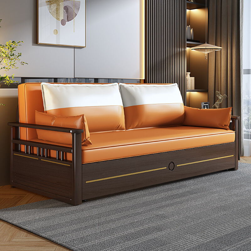 新中式沙发床客厅小户型多功能单双人坐卧可折叠推拉两用实木现代