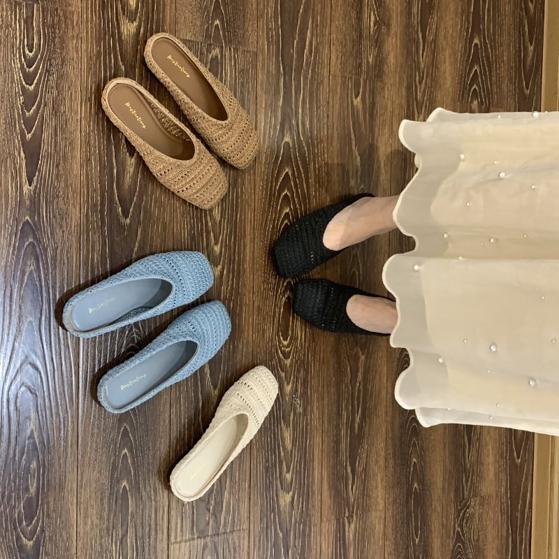 法式小众透气编织包头半拖鞋女夏外穿懒人一脚蹬休闲平底凉拖鞋子