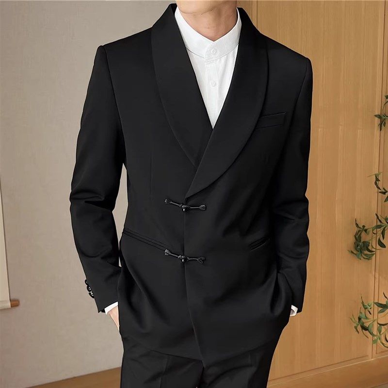 高级感新中式休闲盘扣西装套装青果领主持人宴会西服礼服男正装