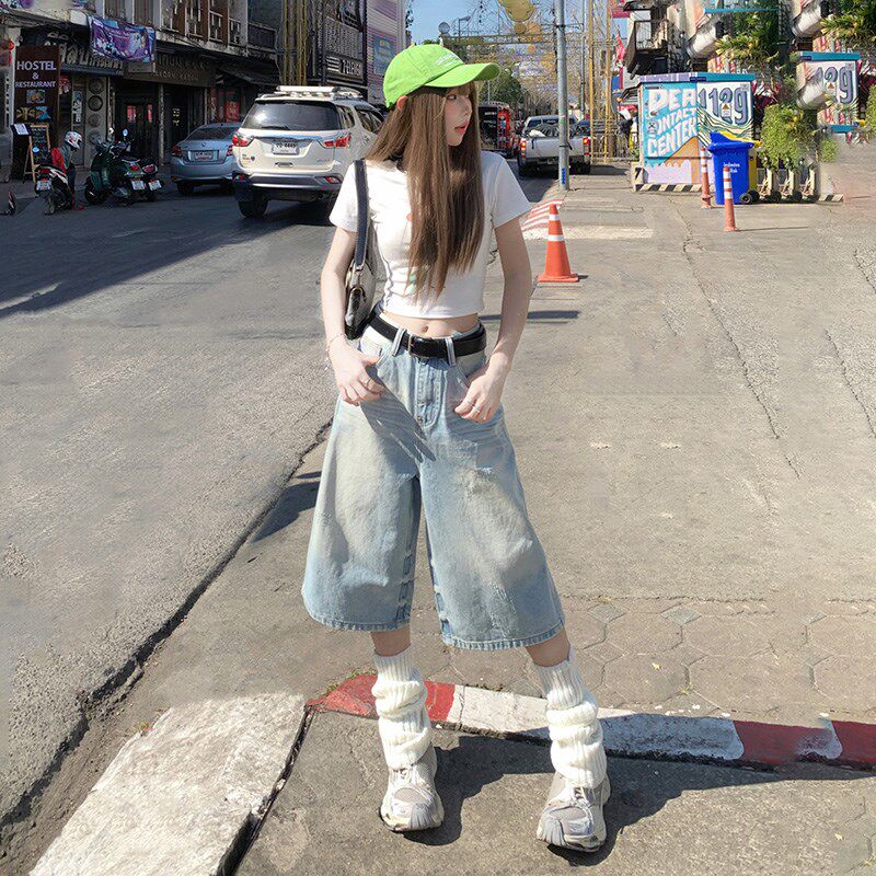 美式复古水洗七分牛仔短裤女2025夏季新款浅蓝色宽松直筒阔腿裤子