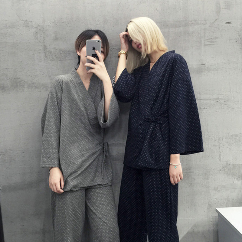 日系和服睡衣女秋冬季纯棉宽松z系带个性复古休闲情侣家居服男套