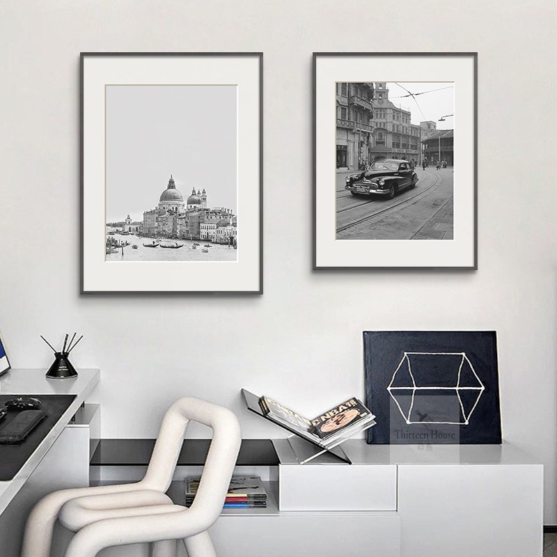 北欧黑白风景挂画客厅背景墙装饰画现代走廊玄关创意壁画卡纸画