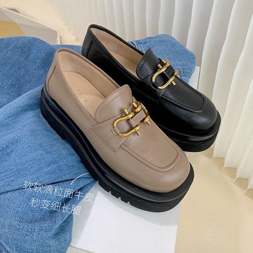 显瘦!金属装饰松糕底皮鞋头层牛皮圆头中跟厚底鞋套脚软底女单鞋