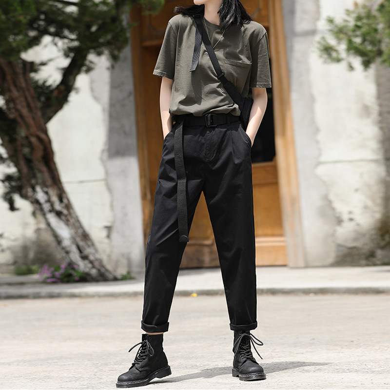 黑色裤子女宽松哈伦大码工装裤夏季薄款直筒休闲运动胖mm春秋显瘦