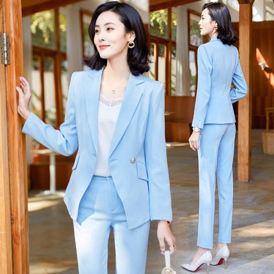 主持人正装女播音艺考服装演讲比赛职业装上镜西装蓝色西服套装