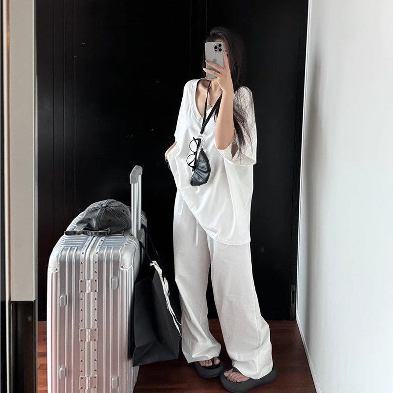 美式休闲纯棉运动套装女学生夏季宽松显瘦短袖阔腿长裤时尚两件套