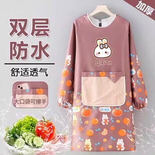 加厚耐酸碱长袖围裙防水防油罩衣女家用大人厨房做V饭外罩工作服