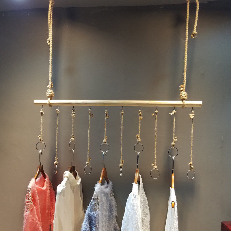服装店上墙架子吊m顶展示架店铺装修吊挂衣架墙壁挂麻绳木棍吊架