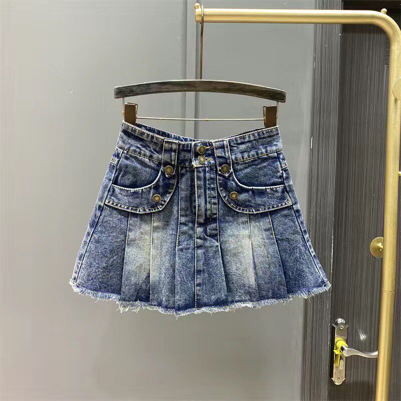 女童夏季新款松紧腰百褶牛仔半身裙韩版2024年做旧a字裙毛边短裙