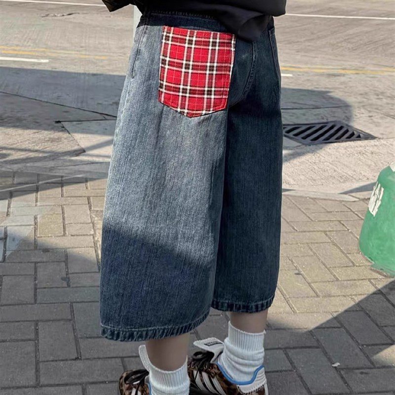 大码美式复古格子拼接牛仔七分裤女夏季阔腿休闲宽松直筒短裤子潮