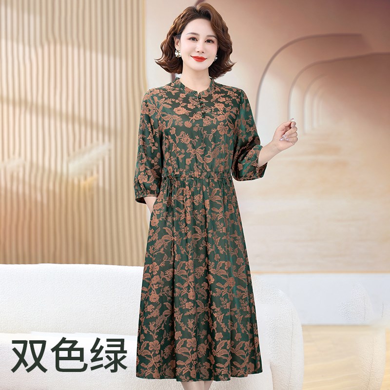 夏季半袖中老年妈妈真丝双色连衣裙女士时尚气质宽松收腰显瘦裙子