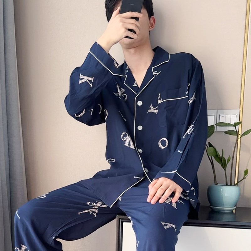 青少年男士轻薄透气居家可外穿绵B绸居家服夏季服长袖棉绸睡衣套