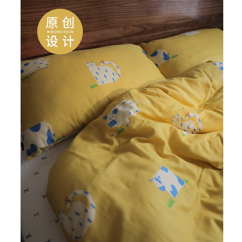 黄底抽象动物丨卡通手绘纯棉双A层纱布可爱床单床笠枕套被套四件