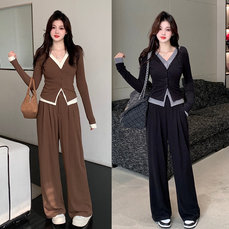 秋季哺乳衣外出套装时尚假两件上衣阔腿裤喂奶衣产后期潮妈两件套
