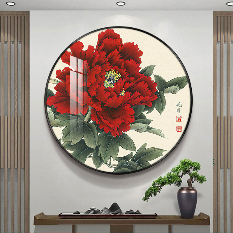 新中式圆形花开富贵玄关装饰画现代简约牡M丹餐厅背景墙壁过道挂