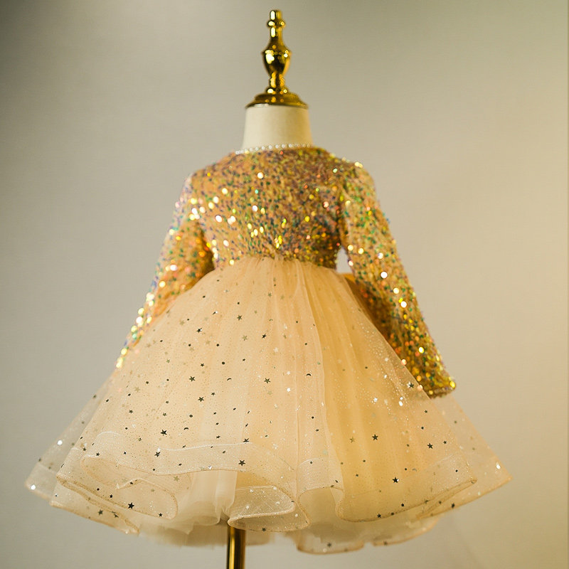 儿童轻奢晚会主持人钢琴演出服女童金色礼服生日周岁宴公主裙洋气