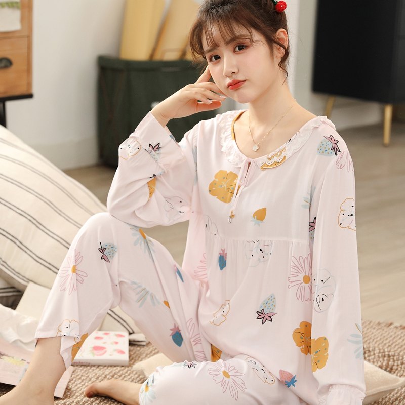 夏季薄款绵绸睡衣女可爱长袖棉绸套F装家居服大码甜美空调服春秋