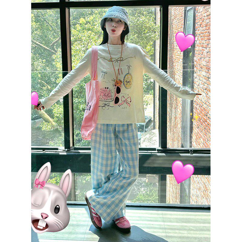 韩版hiphop可爱卡通长袖t恤女春秋季薄款宽松设计感别致上衣纯棉