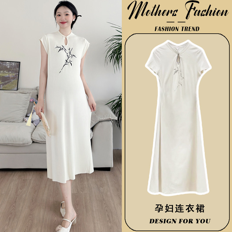 孕妇连衣裙短袖薄款白色中长款冰丝针织2025新款S夏国风旗袍新中