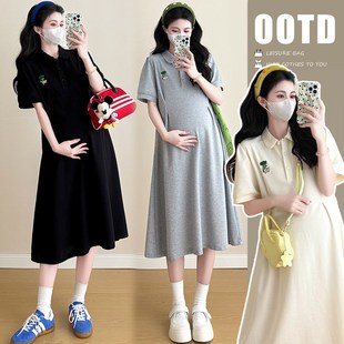 孕妇夏装连衣裙中长款2025新款韩版孕妇装宽松翻S领T恤显瘦裙子女