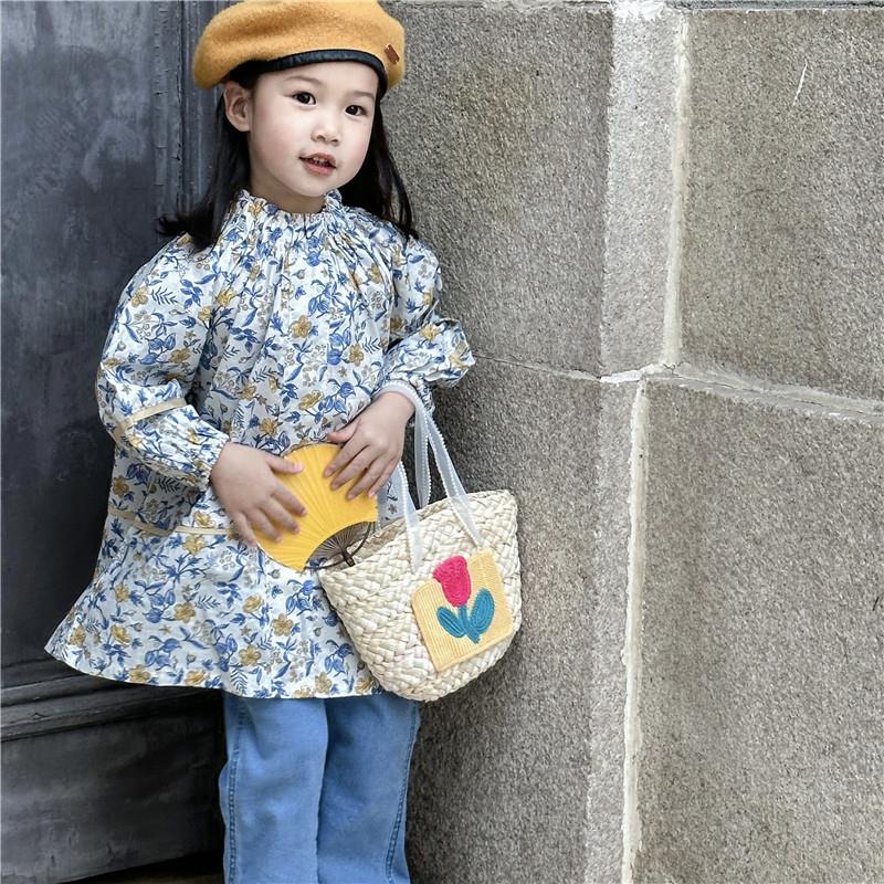 儿童洋气花朵编织手提包夏季网红菜篮子单肩包小女孩海边沙滩包包