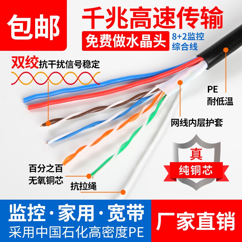 工厂直销8芯网线加2芯带电源一体线室外监控线综合线网线电源线