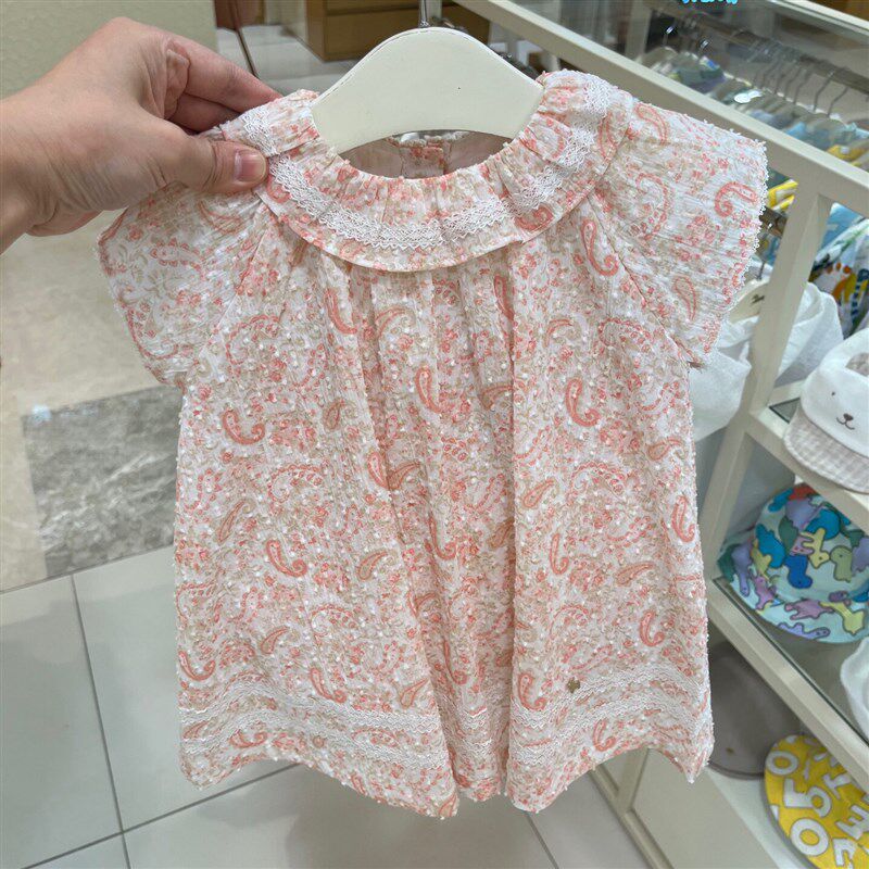 韩国童装 24夏新款女童宝橘粉色纯棉可爱薄软甜美连衣裙 短裤套装