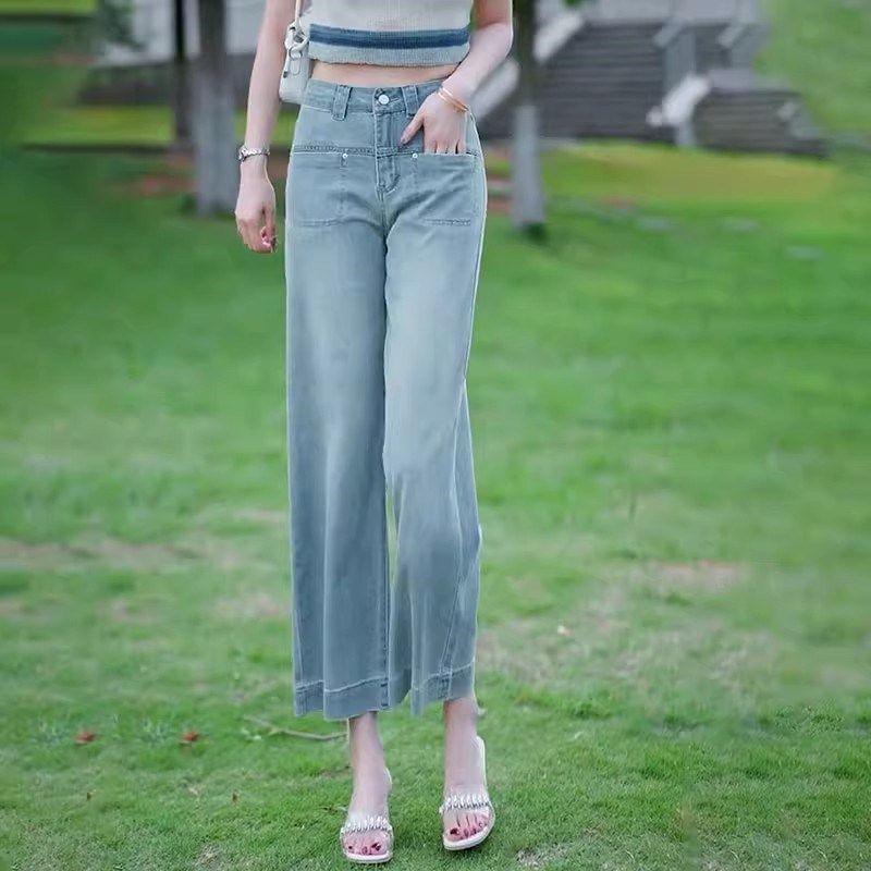 浅色牛仔裤女夏季薄款2025新款高腰冰丝垂感小个子九分直筒阔腿裤