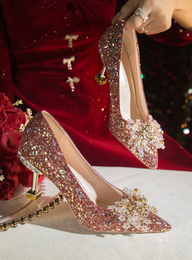 红色婚鞋女秋冬2023年新款订婚新娘鞋法式亮片高跟鞋禾秀婚纱两穿