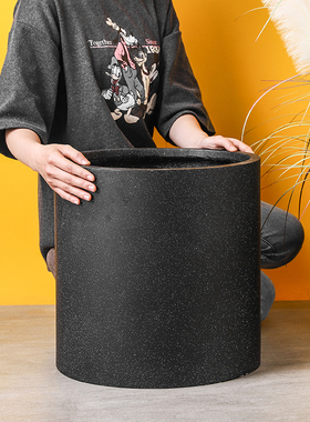北欧黑色仿磨砂简约直筒镁泥大花盆带托盘客厅庭院小树盆家居软装