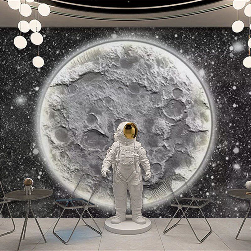 3d黑白星空月球仿发光背景墙纸高级感简约酒吧奶茶店网红拍照壁纸