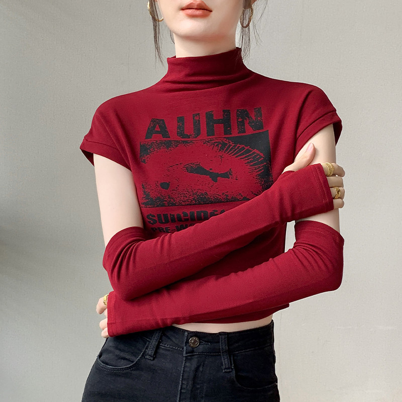 美式手套袖半高领短袖T恤女2024春季新款修身显瘦短款印花打底衫