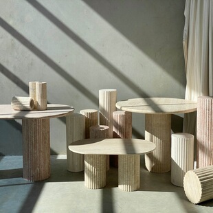 轻奢风大理石圆柱花柱客厅酒店床头柜桌脚落地展示雕塑台装 饰摆件