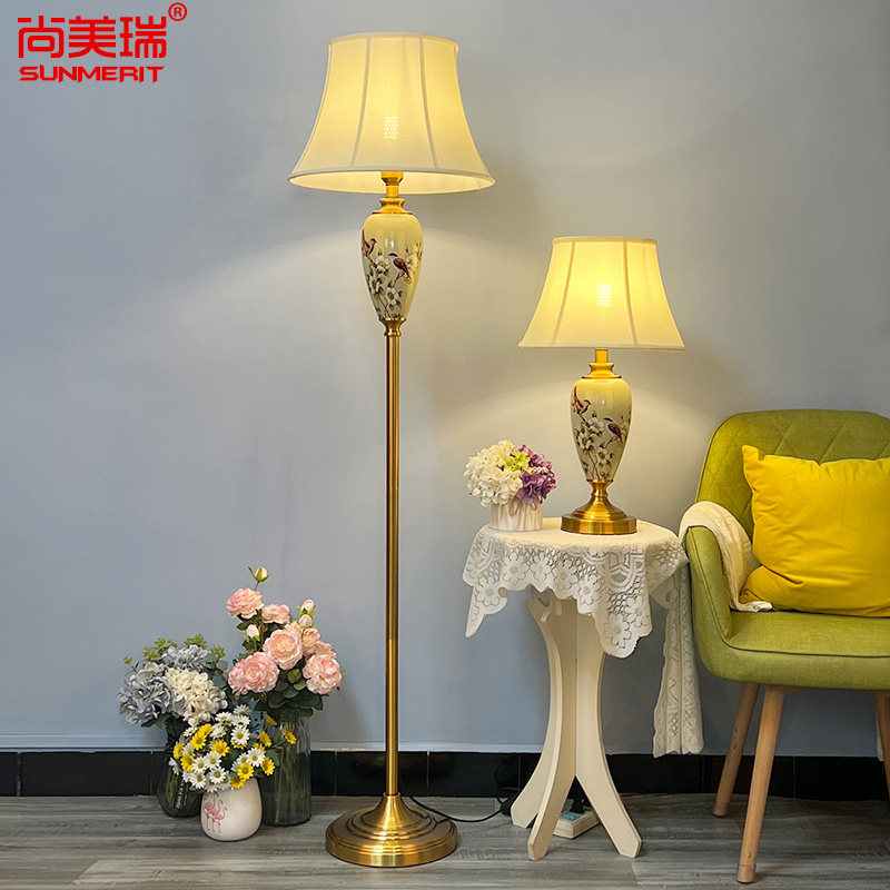 欧式田园落地灯法式氛围客厅美式复古立式台灯卧室陶瓷手绘花鸟图