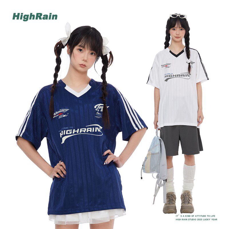 2025网红爆款足球服t恤男美式复古透气插肩短袖V领运动速干衣女夏