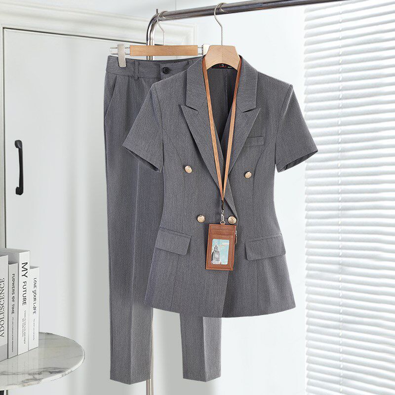 灰色短袖西装套装女夏薄款2025新款职业面试正装高级感经理工作服