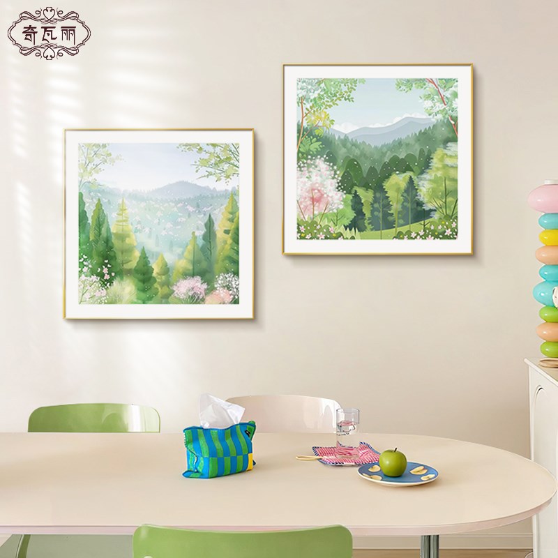 树林风景餐厅装饰画2025新款手绘油画客厅挂N画北欧奶油风饭厅壁图片
