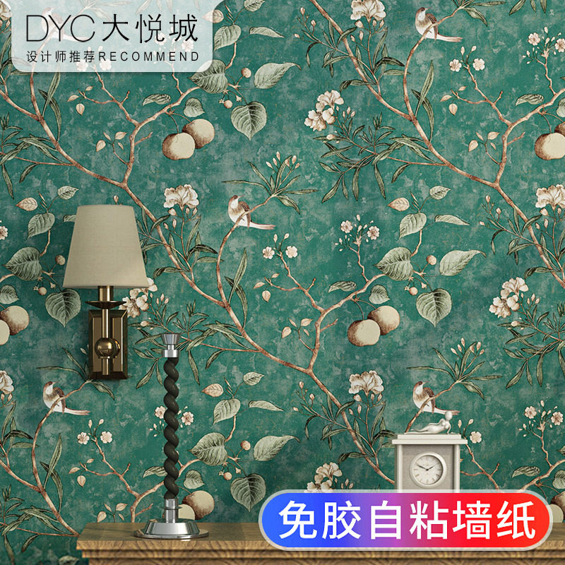 自贴墙纸自粘家用加厚无纺布卧室房间温馨美式田园复古背景墙壁纸