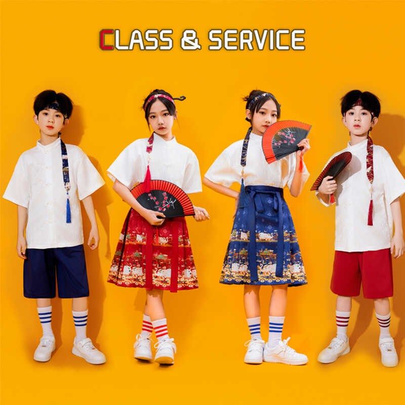 毕业季礼服中国风啦啦队高中小学生男童汉服穿搭女短款马面裙套装
