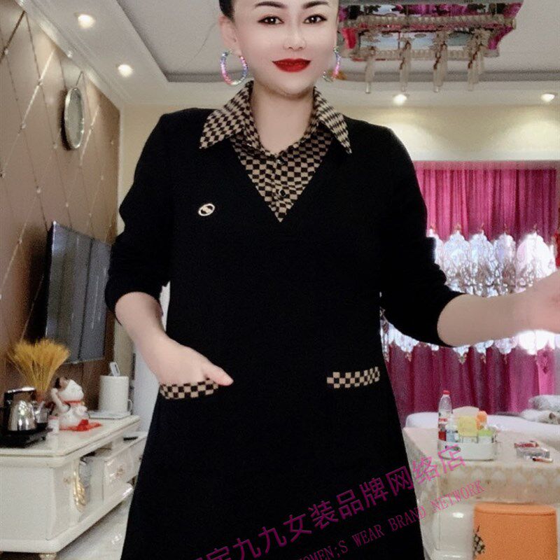 格子领拼接假两件大码卫衣裙女士秋季妈妈装减龄显瘦中长款打底衫