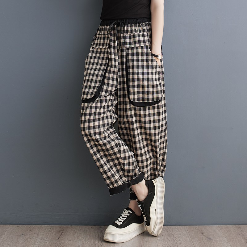夏季新款大码女裤胖mm宽松显瘦棉麻格子大口袋哈伦松紧九分哈伦裤