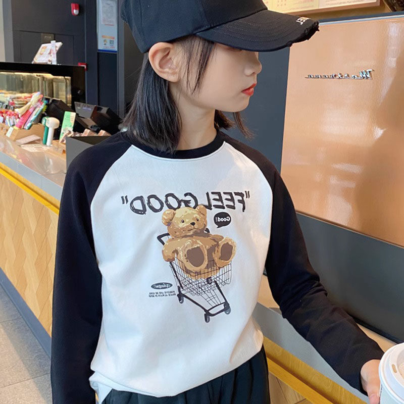 2024新款秋季女童打底衫纯棉休闲运动儿童长袖t恤撞色领可爱白色