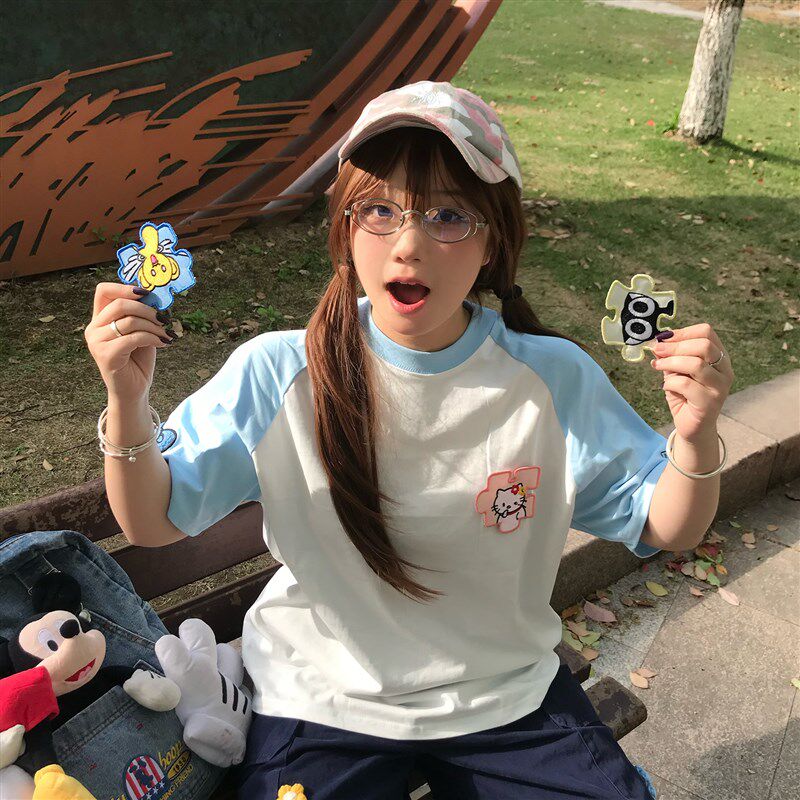 文文不乖 美式卡通猫咪魔术贴撞色短袖T恤女夏季宽松休闲情侣上衣