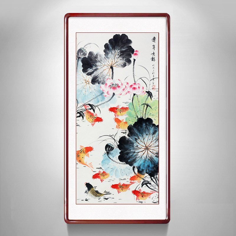 手绘九鱼图挂画鲤鱼年年s有余装饰画中式风水字画花鸟玄关走道壁