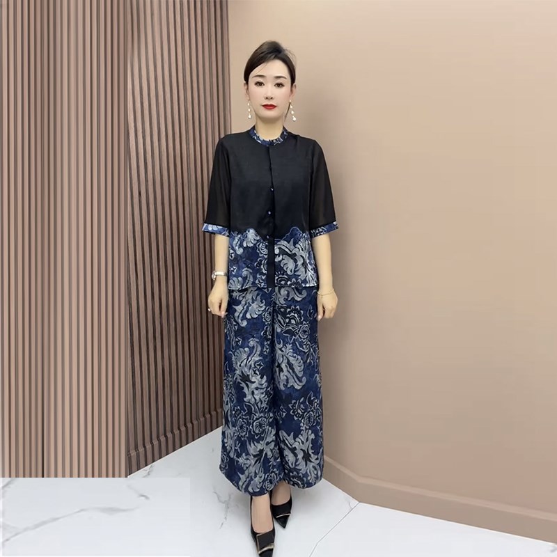 夏季新款时尚气质显瘦真丝套装老年人阔腿裤两件套宽松开衫套裤女